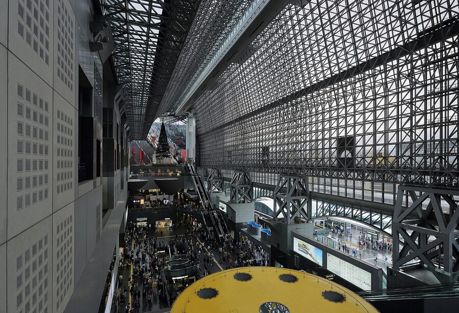 Inside the central concourse of Kyoto Station looking up at the steel roof