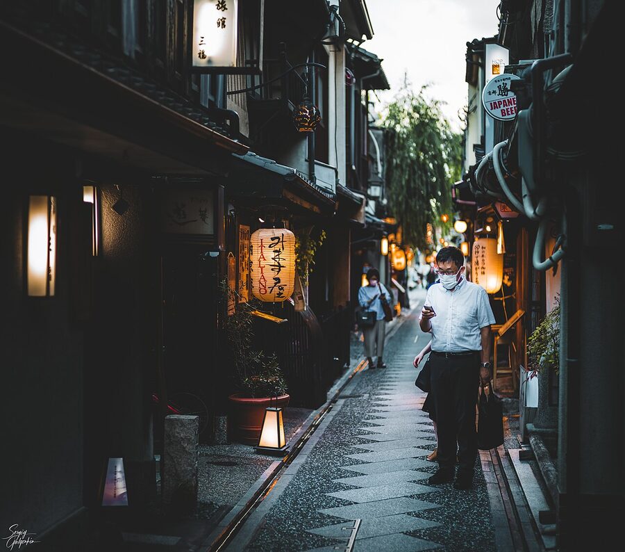 Pontocho Alley in Kyoto lined with wooden machiya buildings