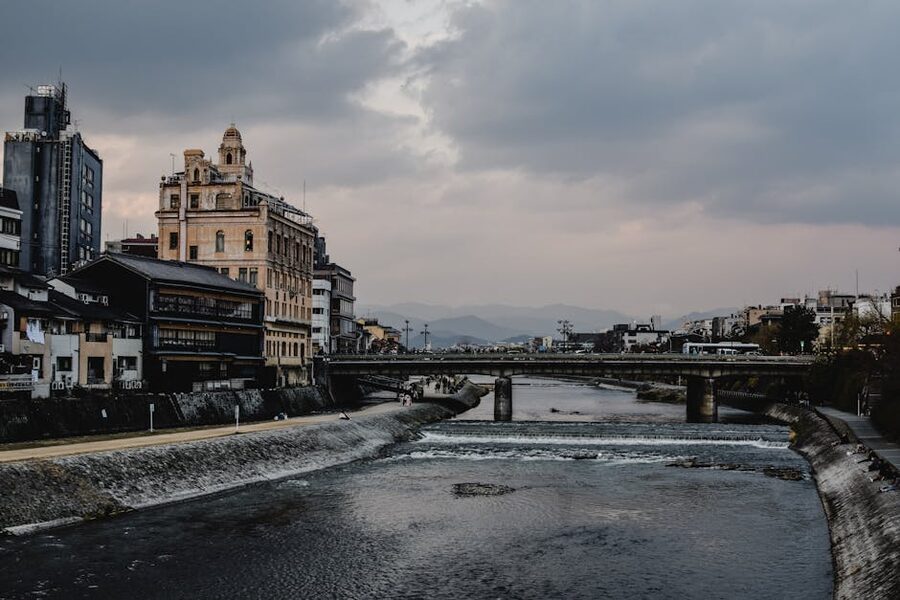 Kamogawa river with traditional Kyoto buildings