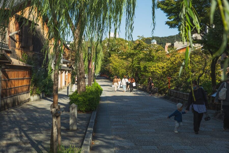 Shinbashi-dori in old Gion district of Kyoto with traditional wooden houses