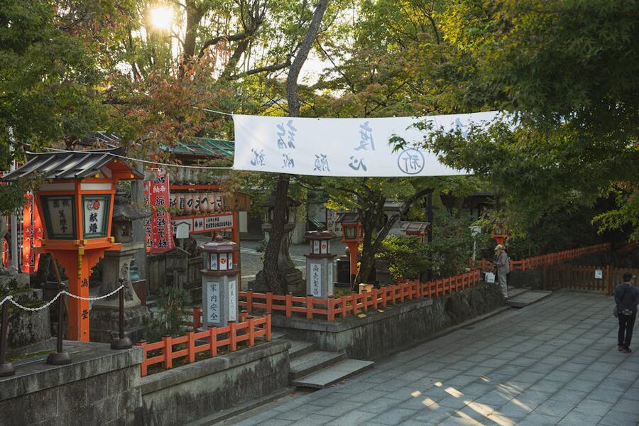 Yasaka Shrine pagoda from above with green trees, Kyoto