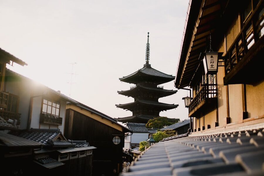Higashiyama rooftops with Yasaka pagoda rising above traditional buildings