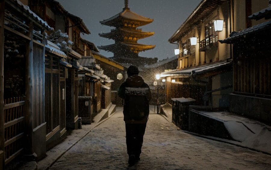 Yasaka pagoda dusted in snow at night, Higashiyama Kyoto