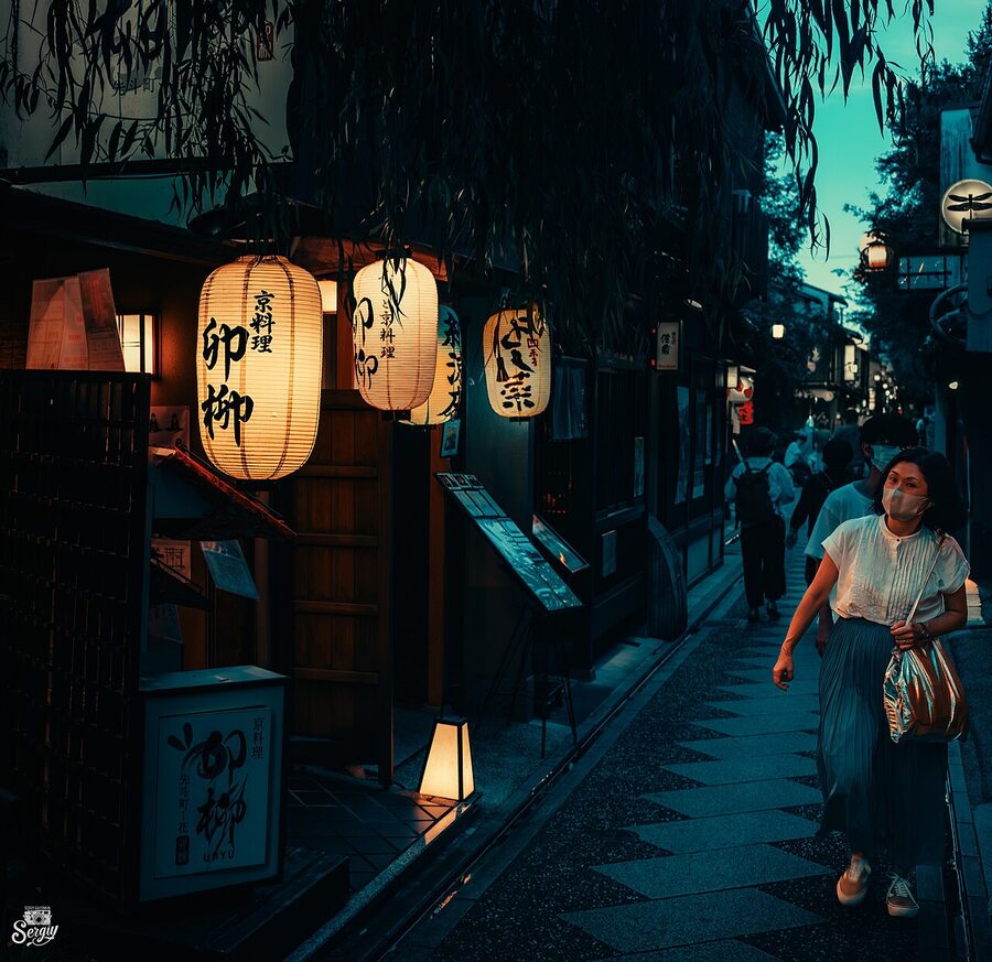 Pontocho alley by daylight in central Kyoto